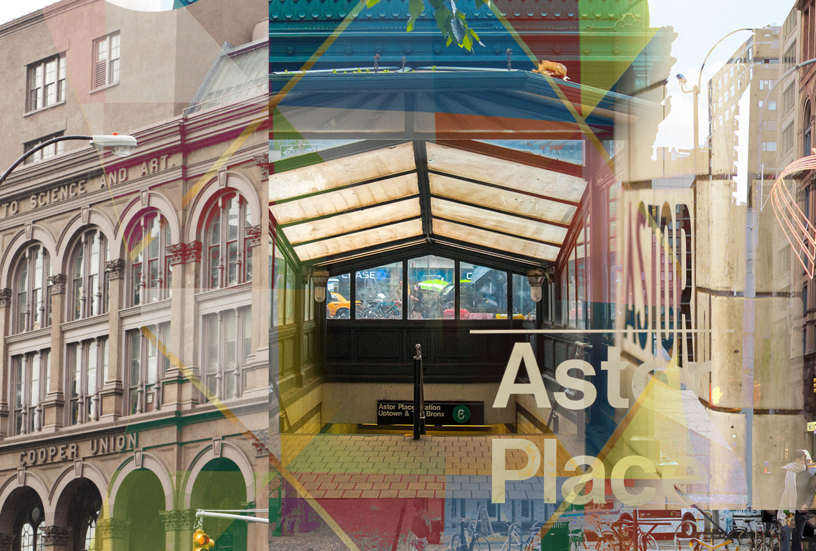 Collage of a city street with architectural elements and a colorful geometric overlay.