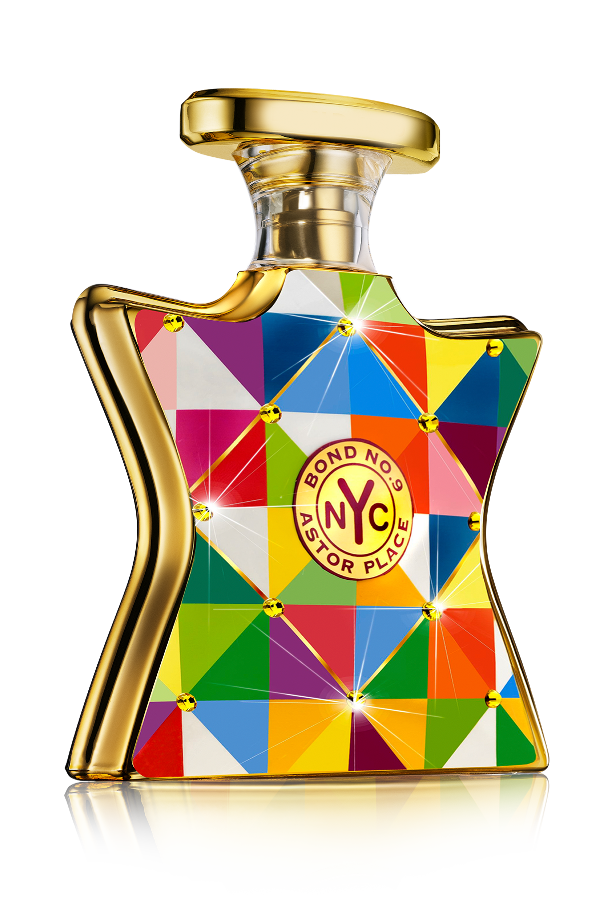 Colorful geometric-patterned perfume bottle with gold accents on a white background