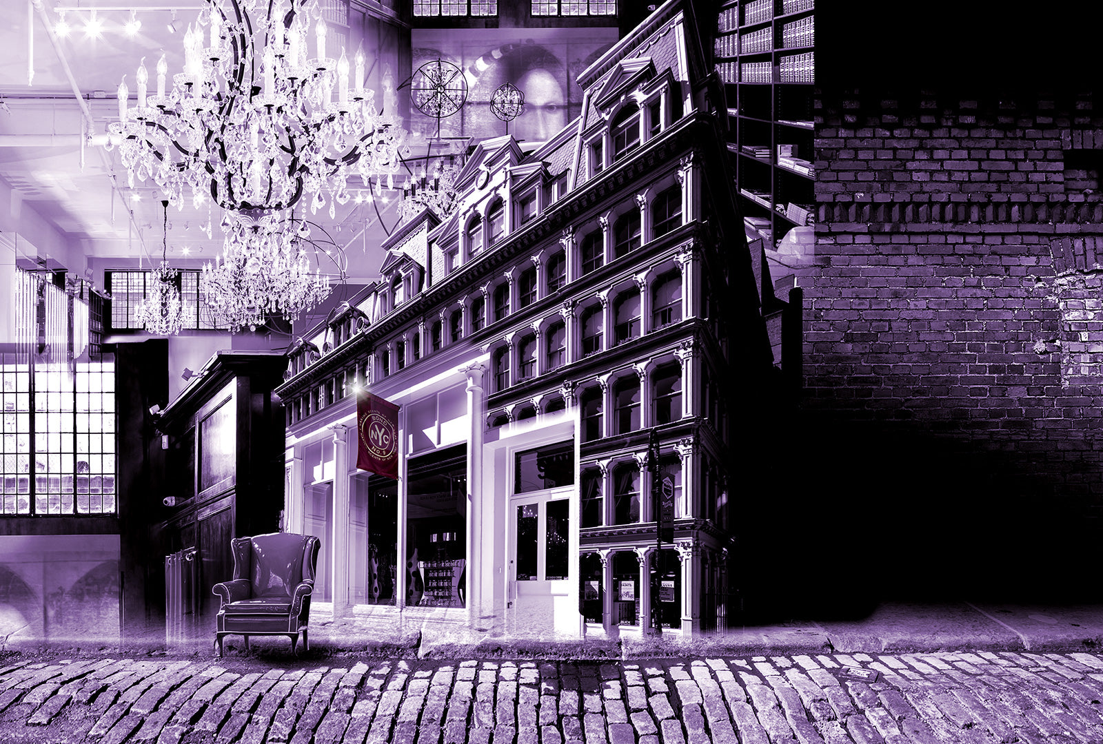 Collage of a building facade, chandelier, and armchair with a purple filter.