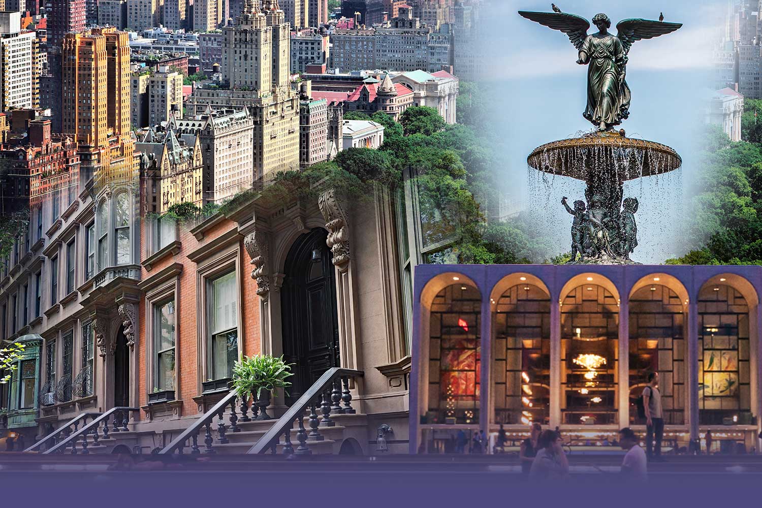 Collage of urban scenes including a cityscape, a building entrance, and a statue.