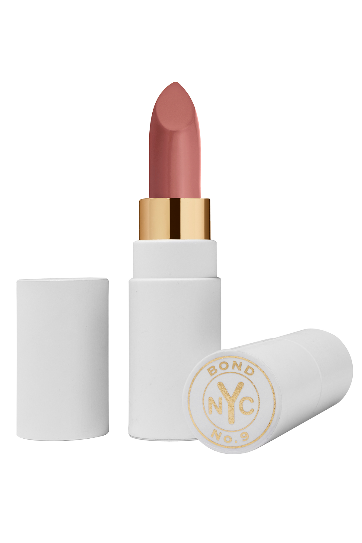 Lipstick with white casing and gold accents on a white background