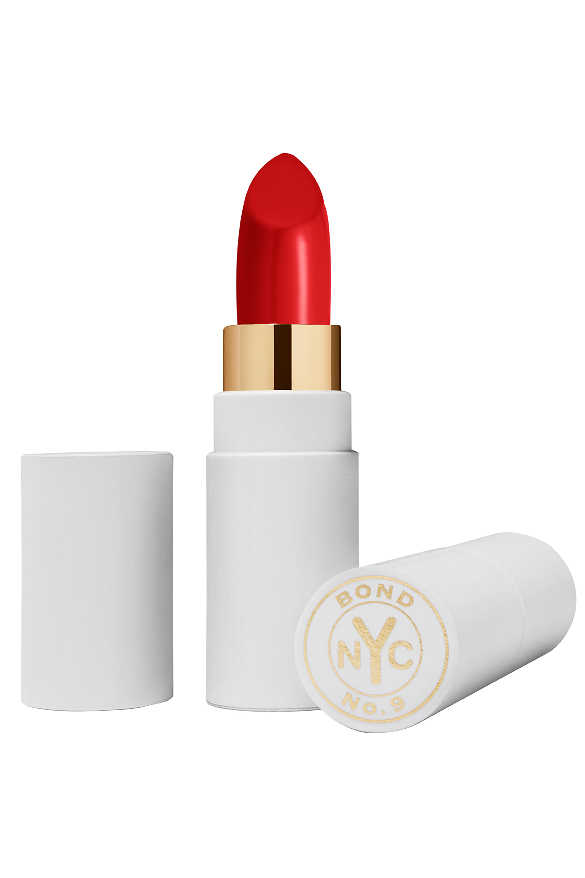 Red lipstick with white casing and gold accents on a white background