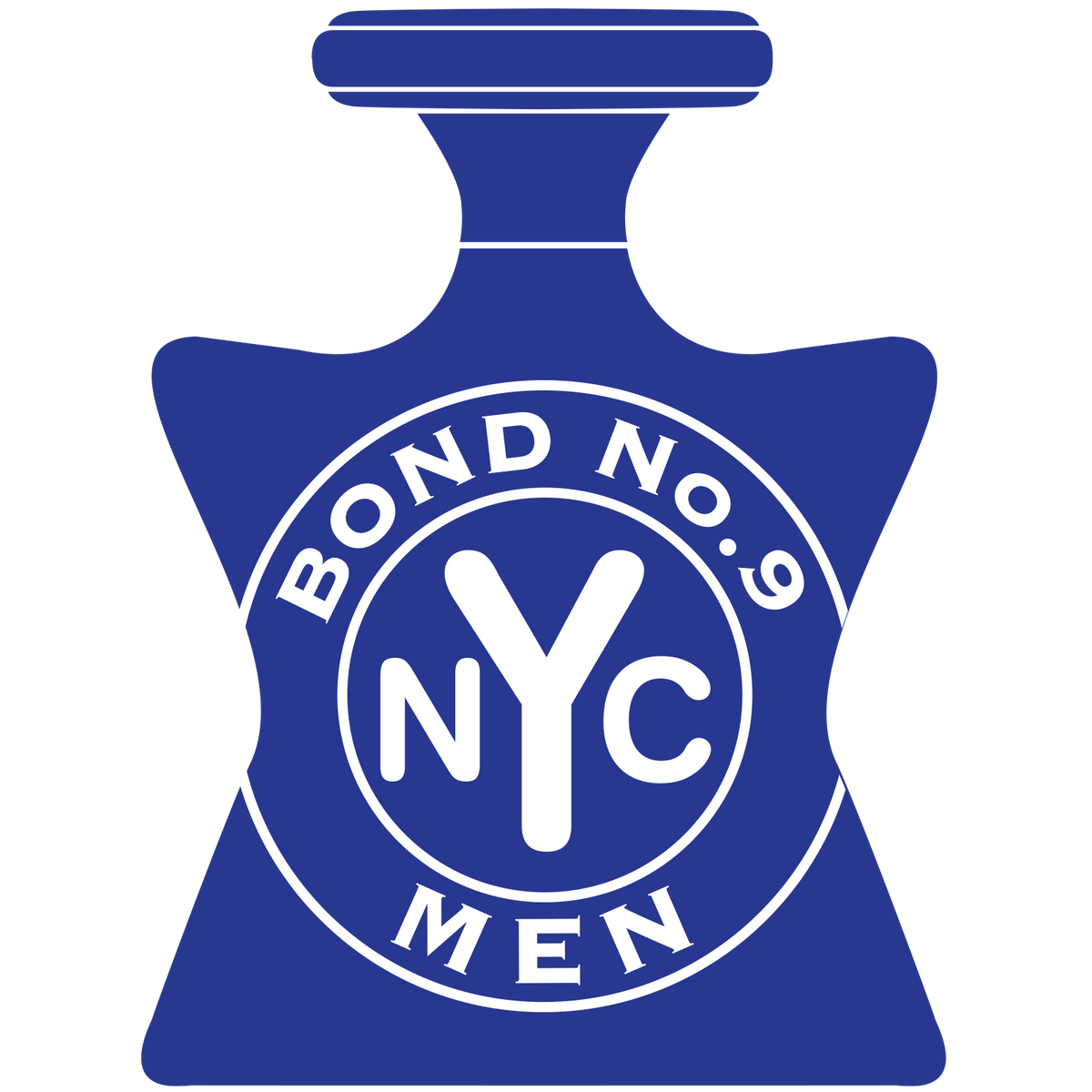 A blue and white graphic of a perfume bottle with the text 'BOND NO. 9 NYC MEN' in white on a solid blue label, set against a plain white background.