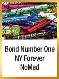 Colorful fragrance samples with text on a gold border