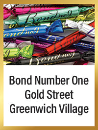 Colorful fragrance samples with text 'Bond Number One Gold Street Greenwich Village' on a gold border.