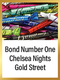Colorful fragrance samples with text 'Bond Number One', 'Chelsea Nights', and 'Gold Street' on a gold border.