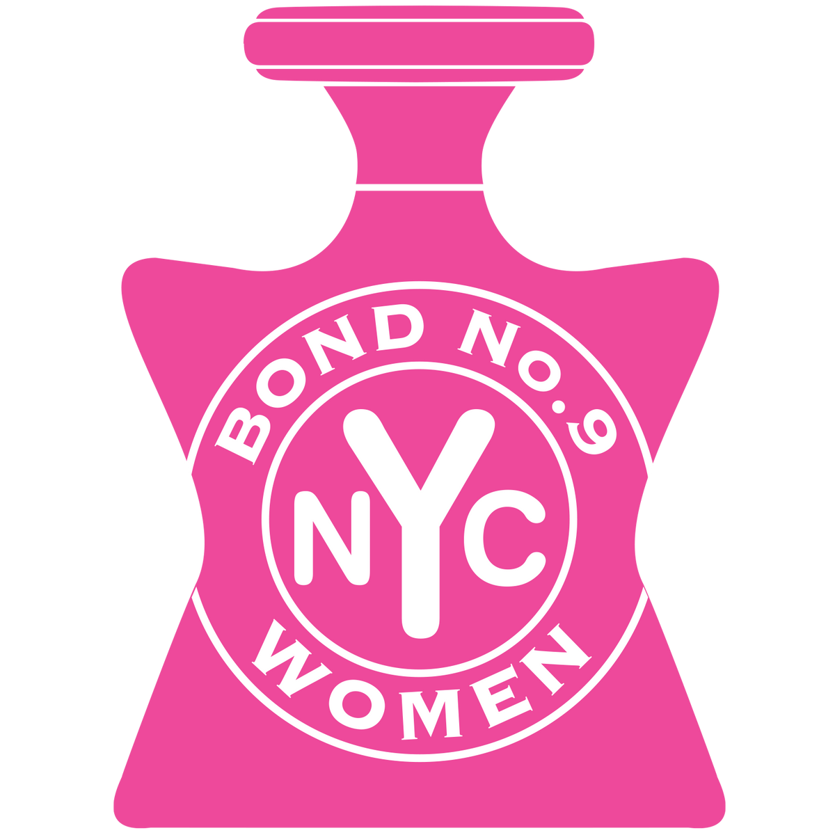 A pink perfume bottle silhouette with a white circular emblem reading 'BOND NO.9 NYC WOMEN' on a plain white background.