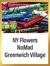 Colorful fragrance samples with text 'NY Flowers NoMad Greenwich Village' on a white background.