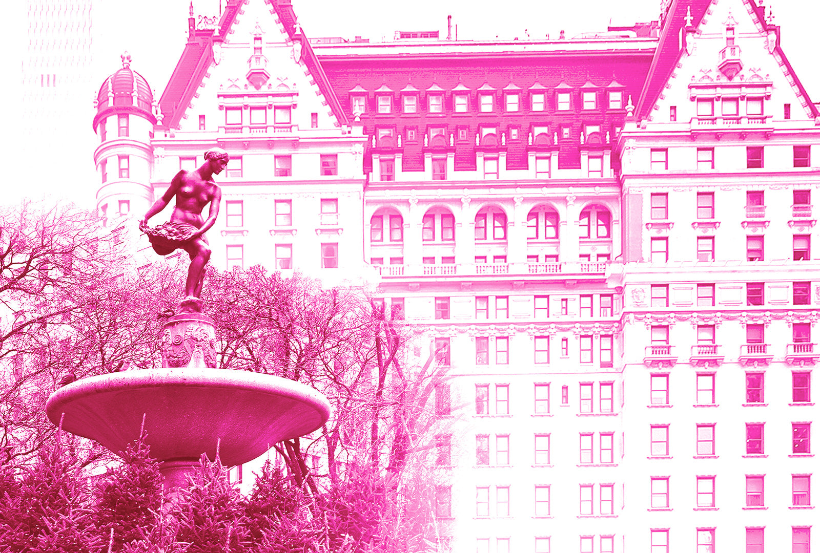 Statue in a fountain with a pink-tinted building in the background