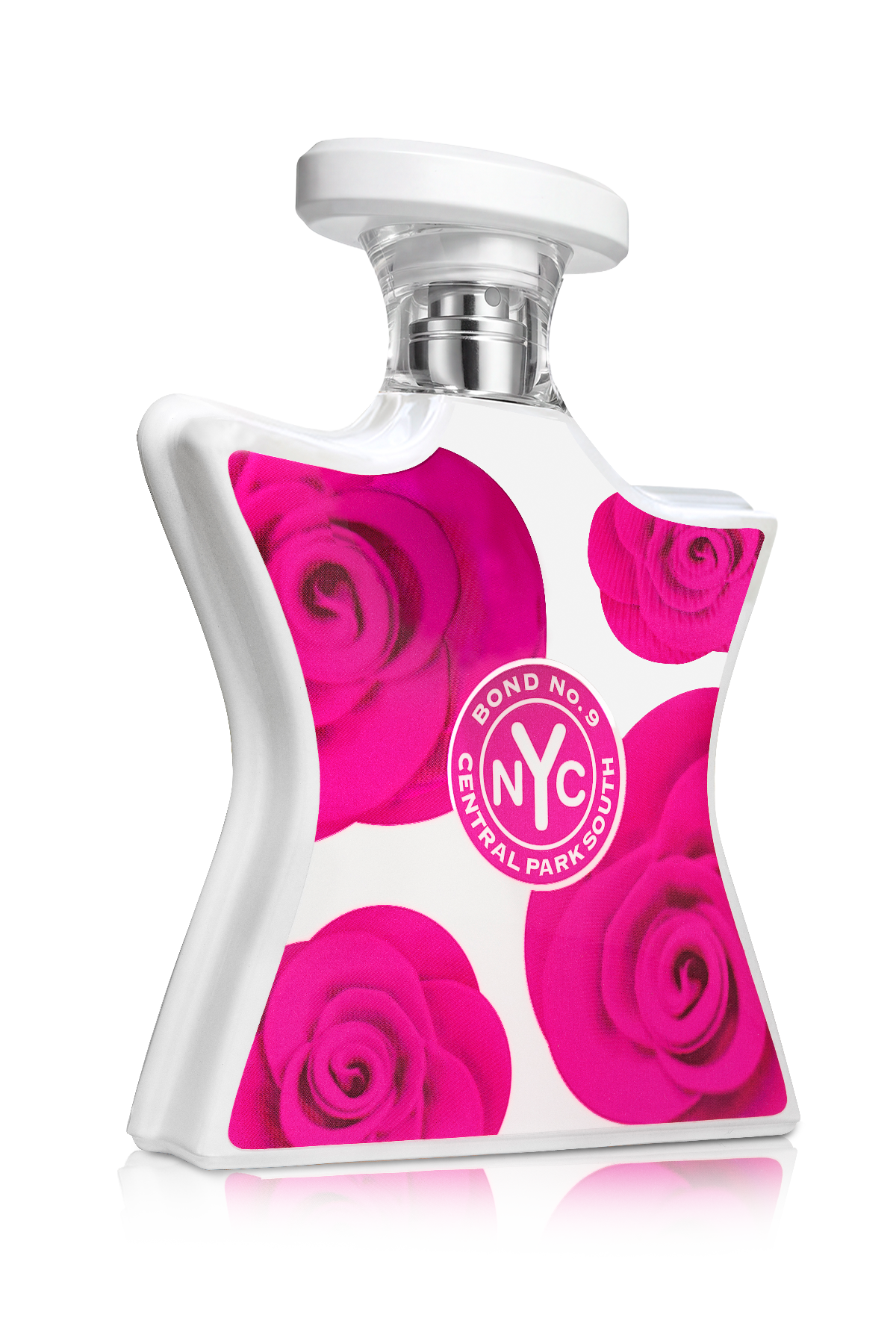 Perfume bottle with pink rose design and 'Bond No. 9' logo on a white background