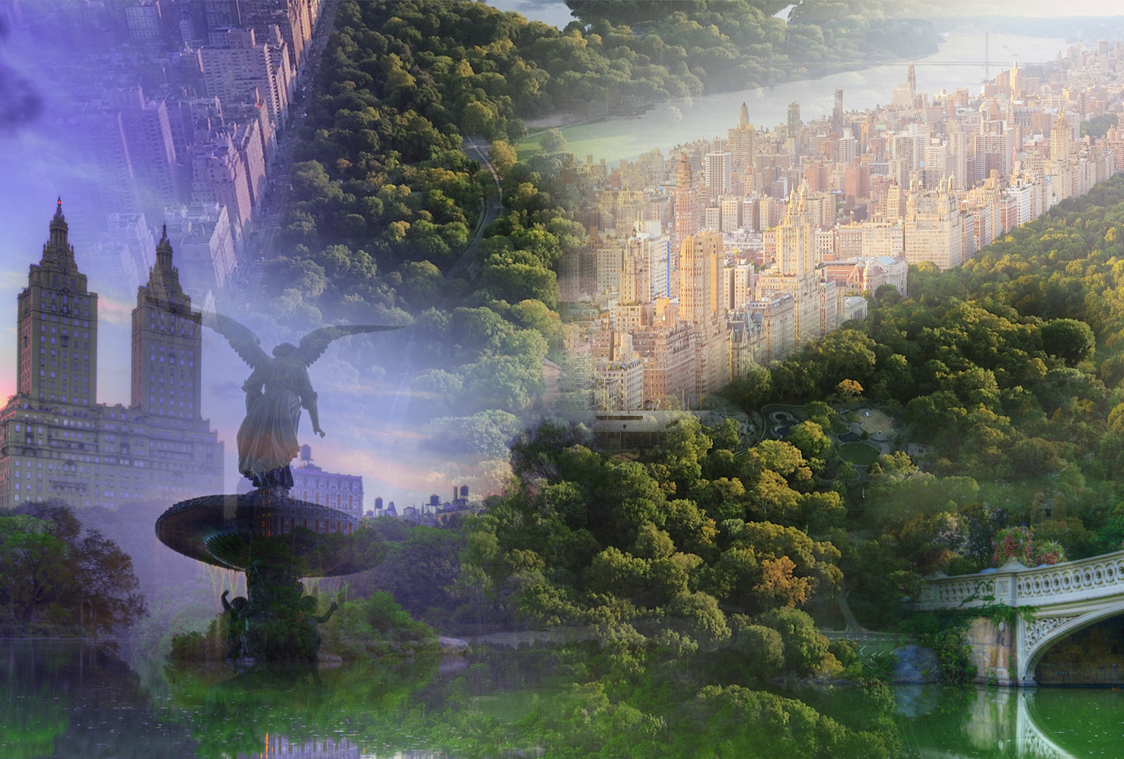 Collage of a cityscape with a statue, trees, and water.