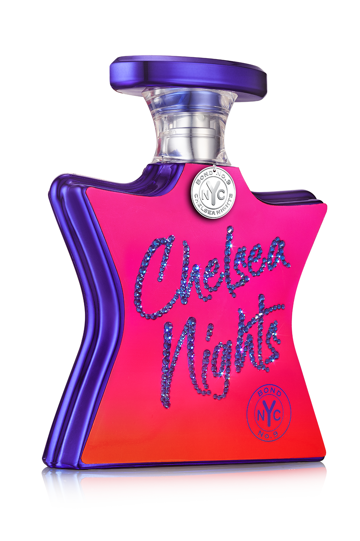 Perfume bottle labeled 'Chelsea Nights' with a pink and purple design on a white background