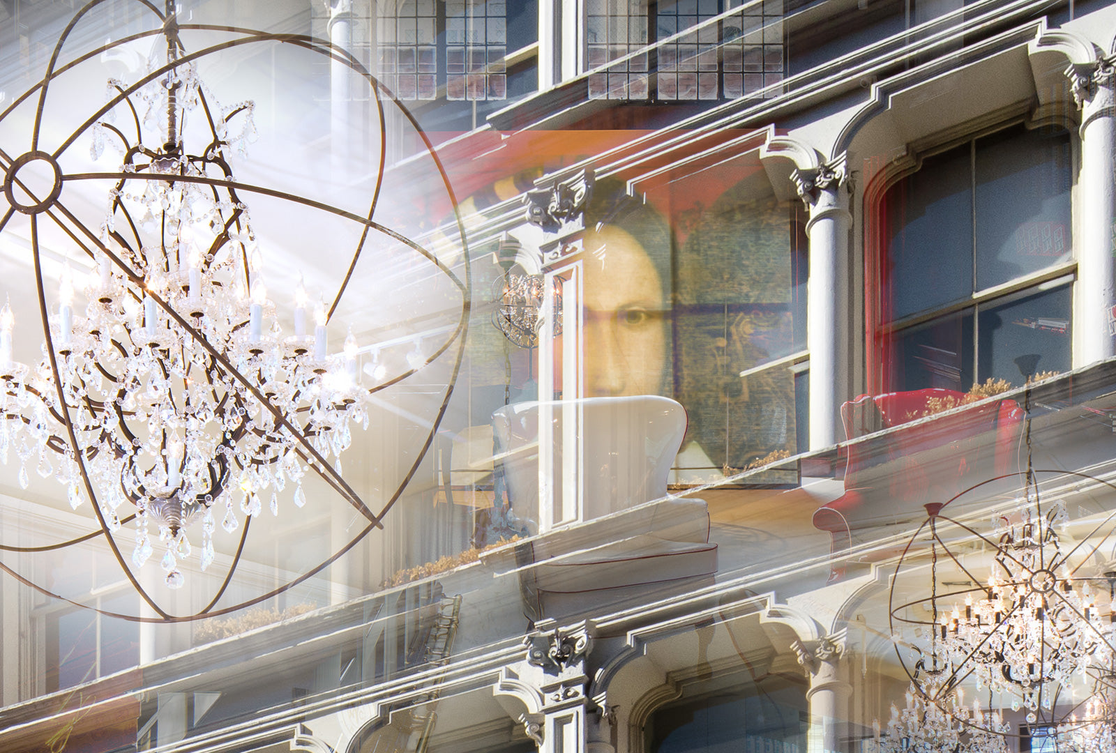 Decorative chandelier with a blurred background of a building facade