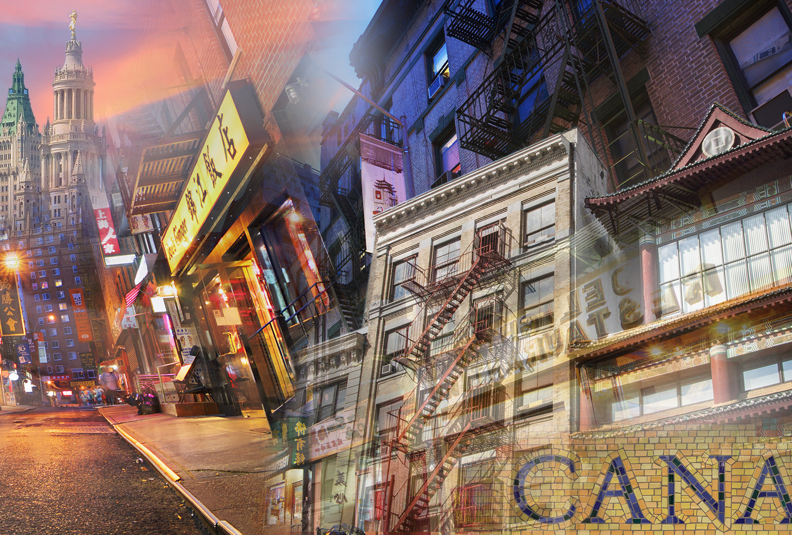 Collage of a city street scene with buildings and signs, featuring a prominent 'Canal' sign.