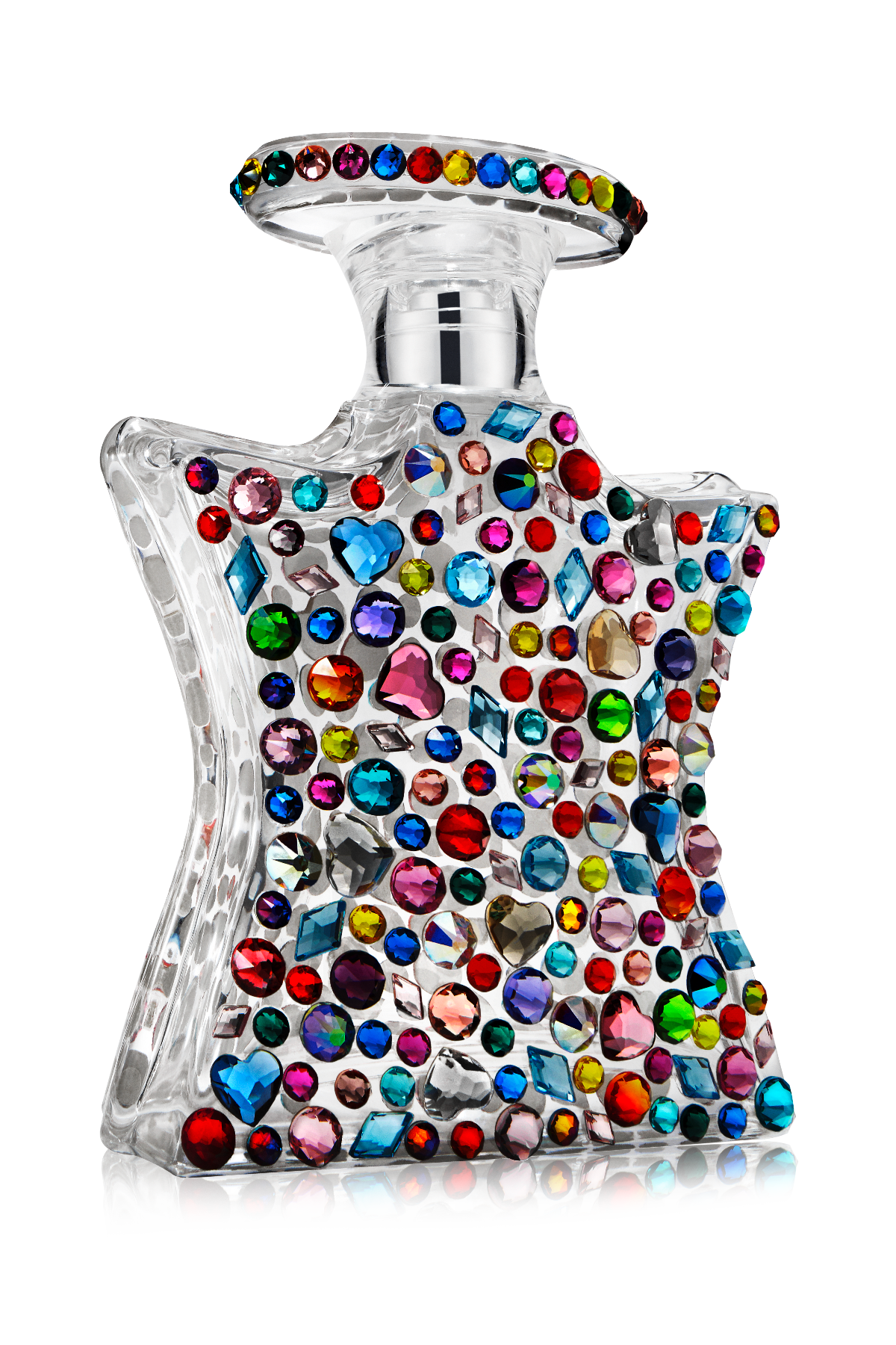 Decorative perfume bottle with colorful gemstones on a white background