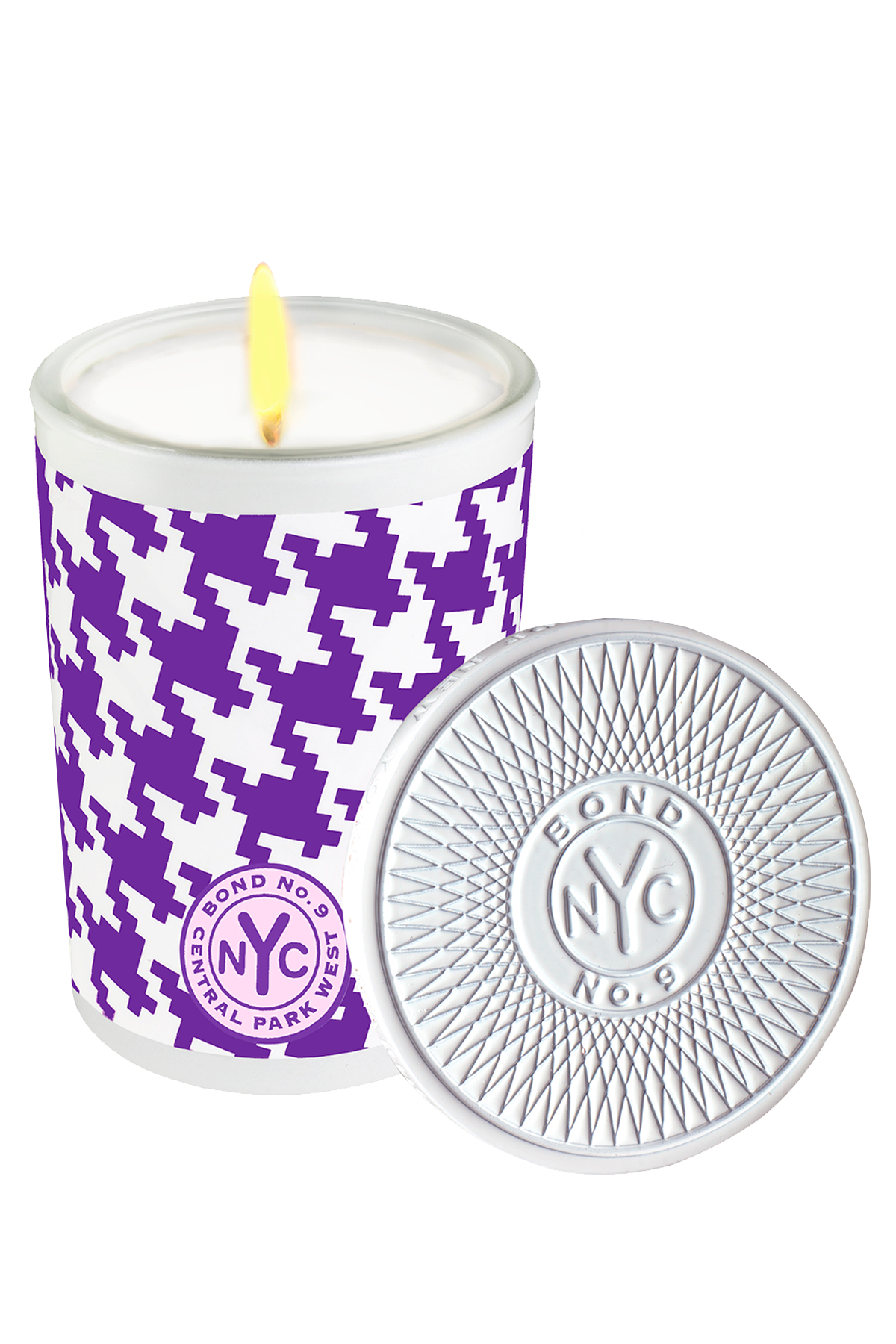 Candle with purple houndstooth pattern and 'BOND NYC' branding on a white background