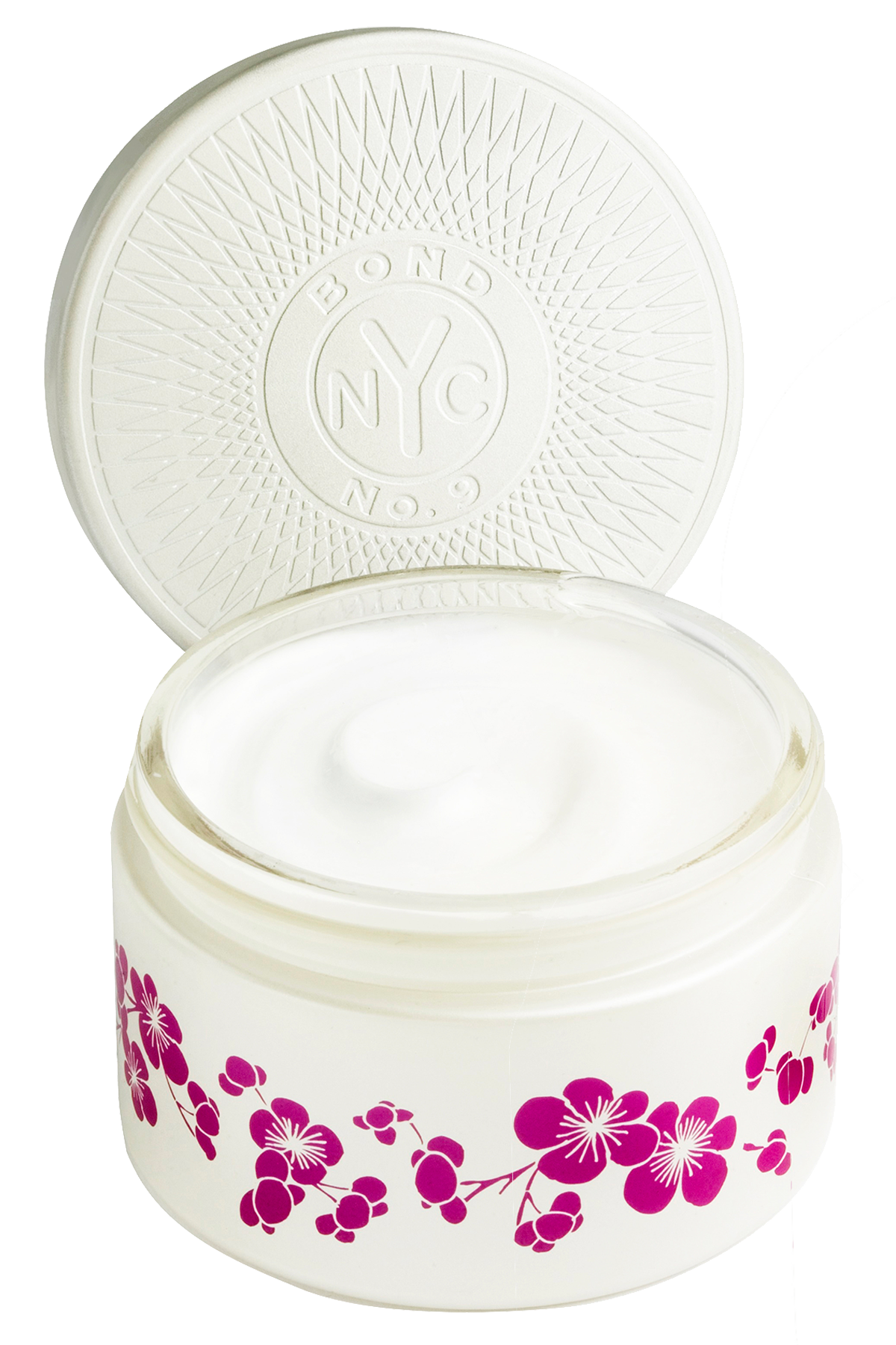 Cosmetic jar with floral design and 'NYC' branding on a white background