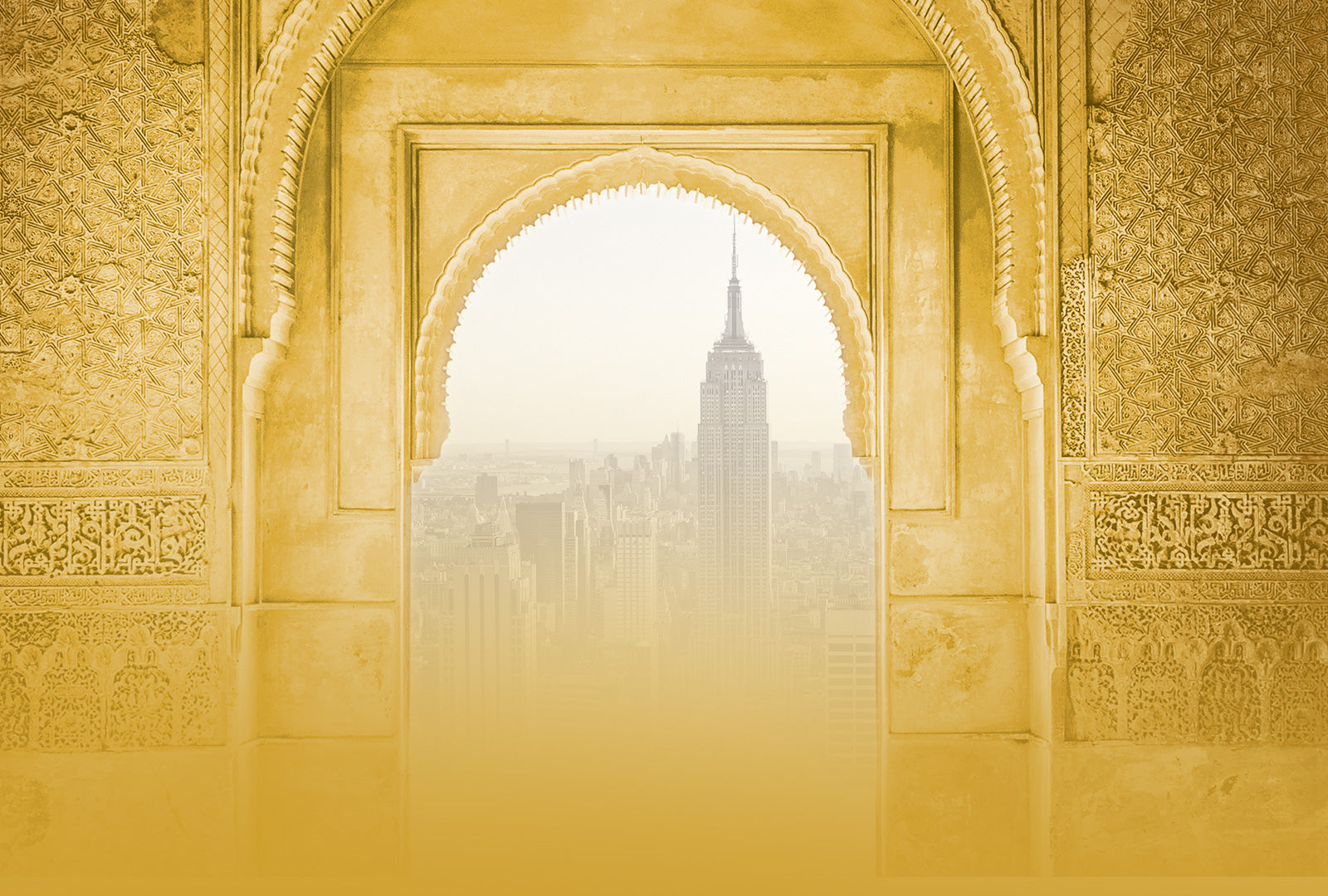 Decorative golden archway with a cityscape featuring the Empire State Building.