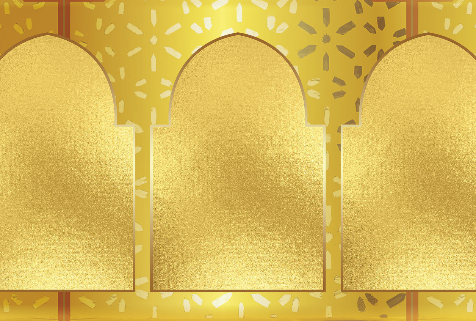 Three gold arch-shaped panels on a yellow background with decorative patterns