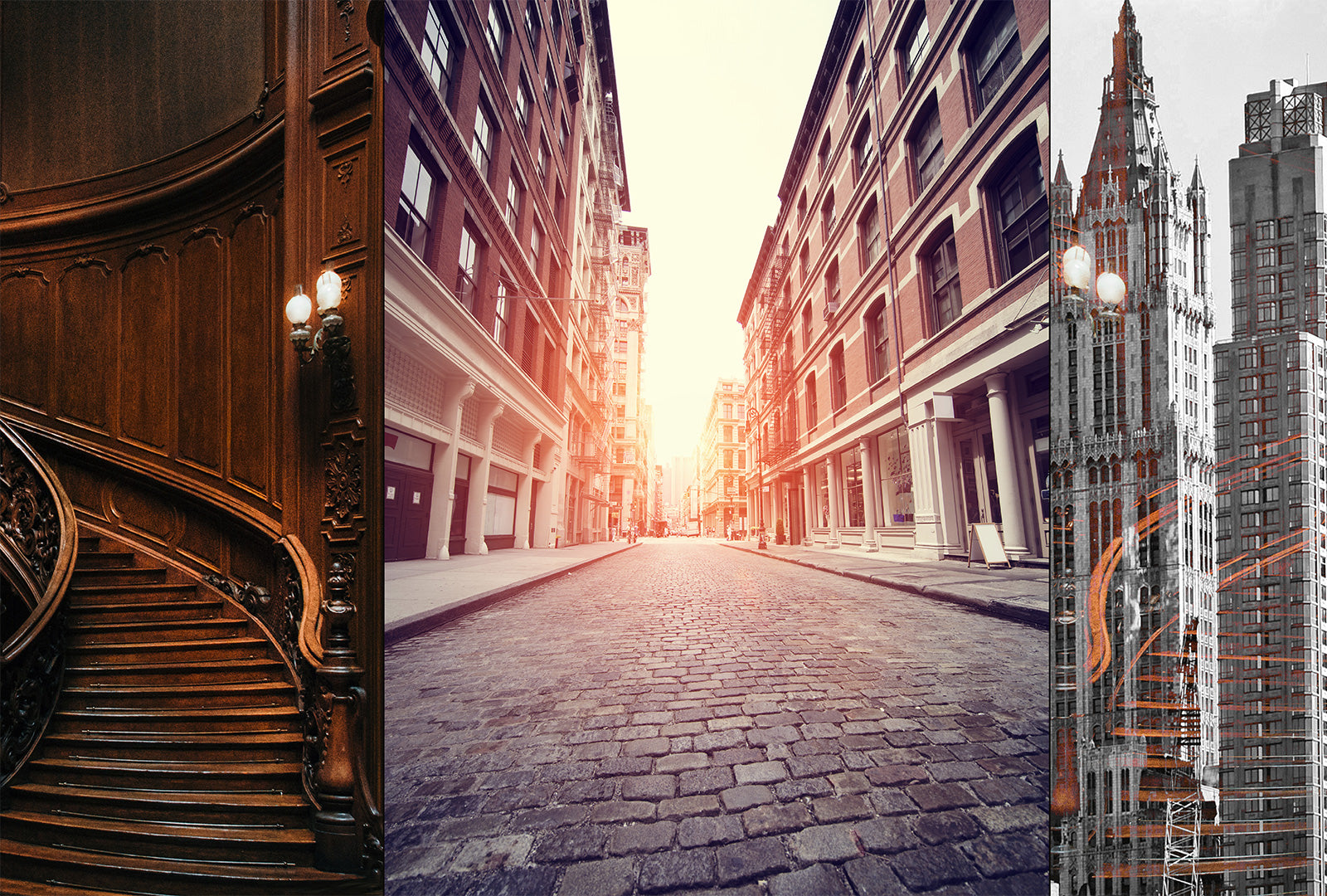 Collage of a city street with tall buildings and architectural details.