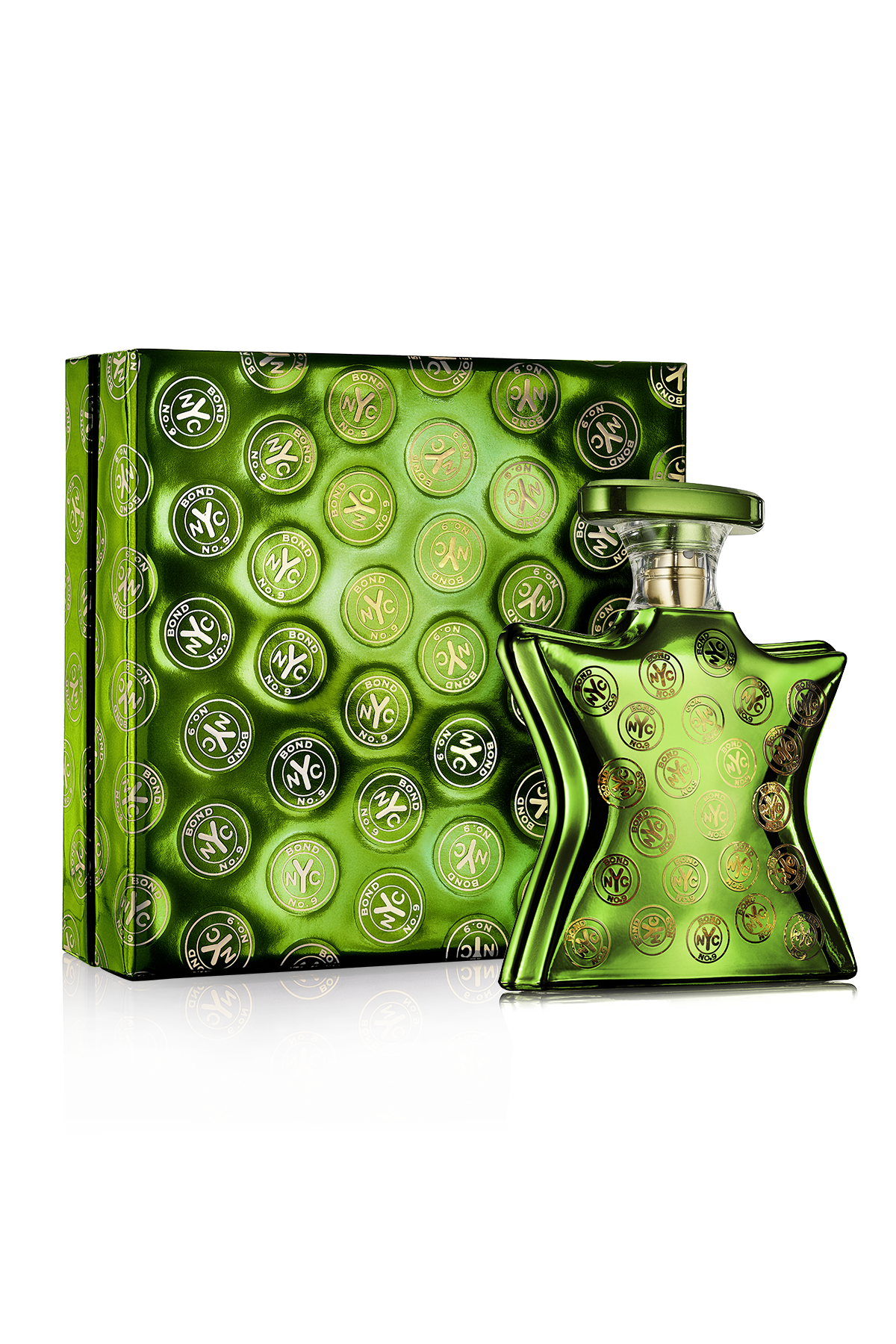 Green perfume bottle and packaging with decorative design on a white background