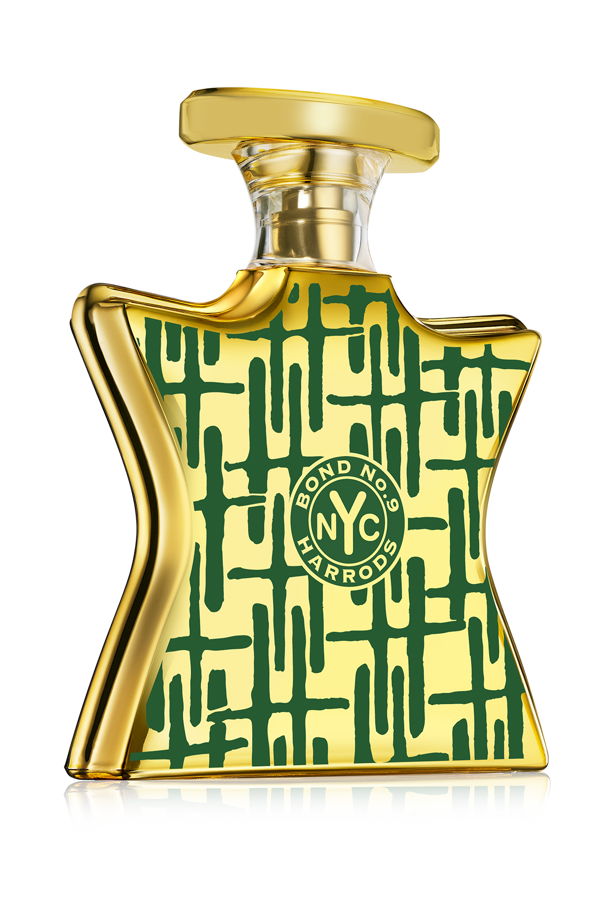Gold and green patterned perfume bottle with 'Bond No. 9' branding on a white background