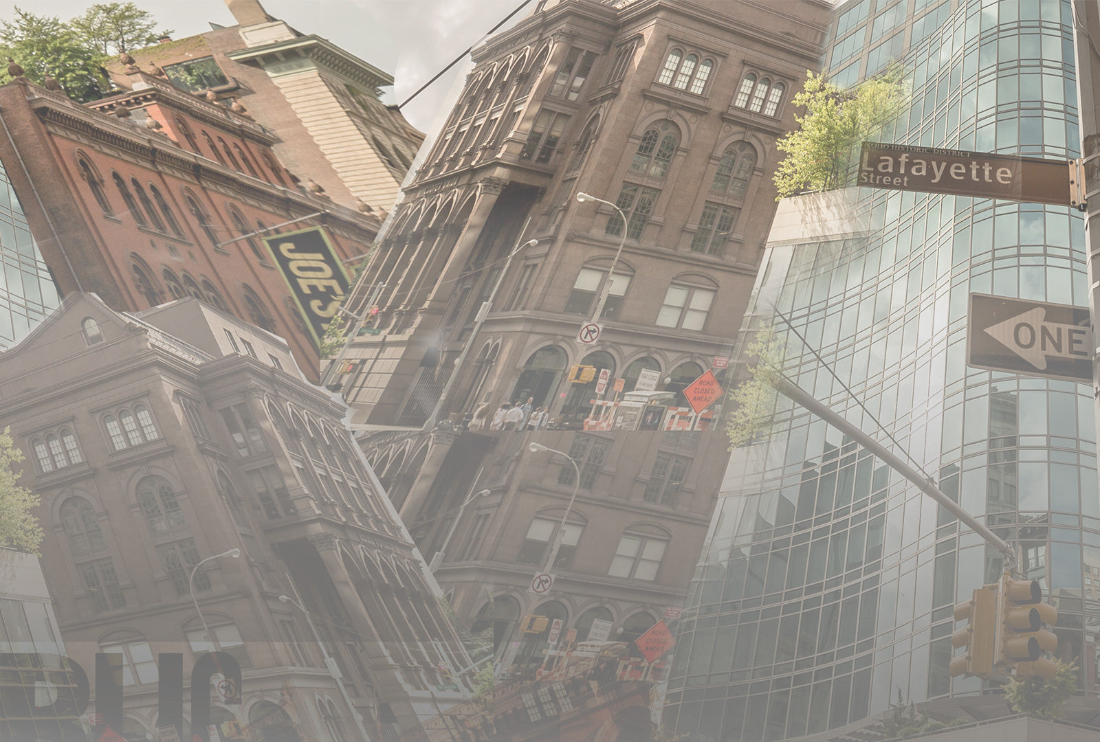 Futuristic cityscape with tall buildings and traffic lights, featuring a 'Lafayette' street sign.