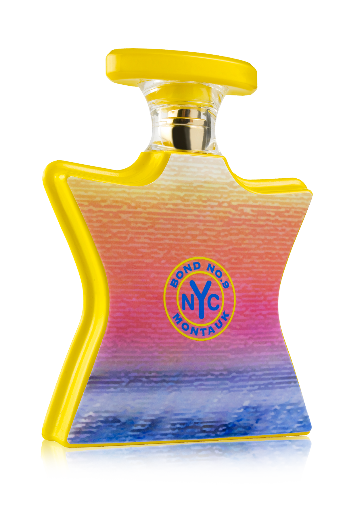 Perfume bottle with colorful design and 'NYC' logo on a white background