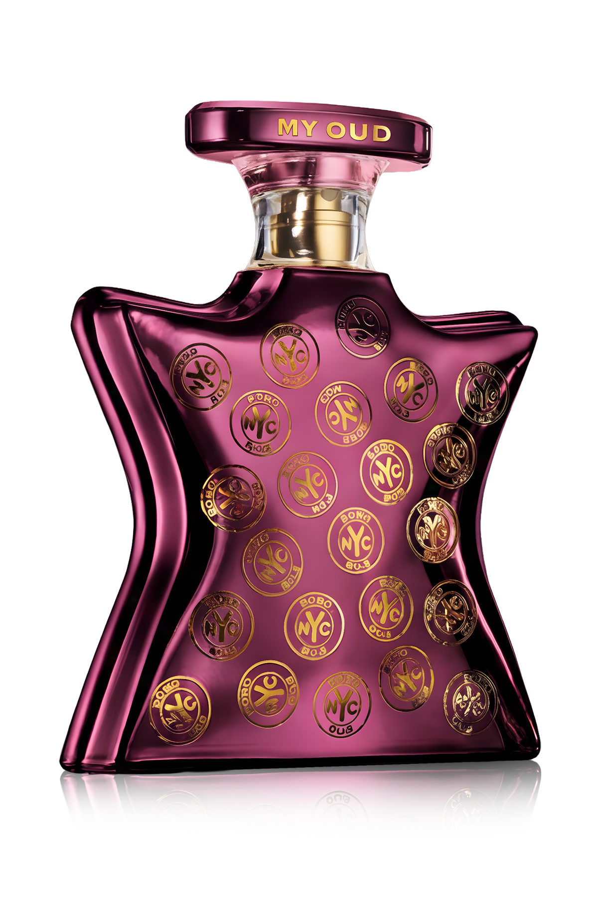 Purple perfume bottle with gold accents on a white background