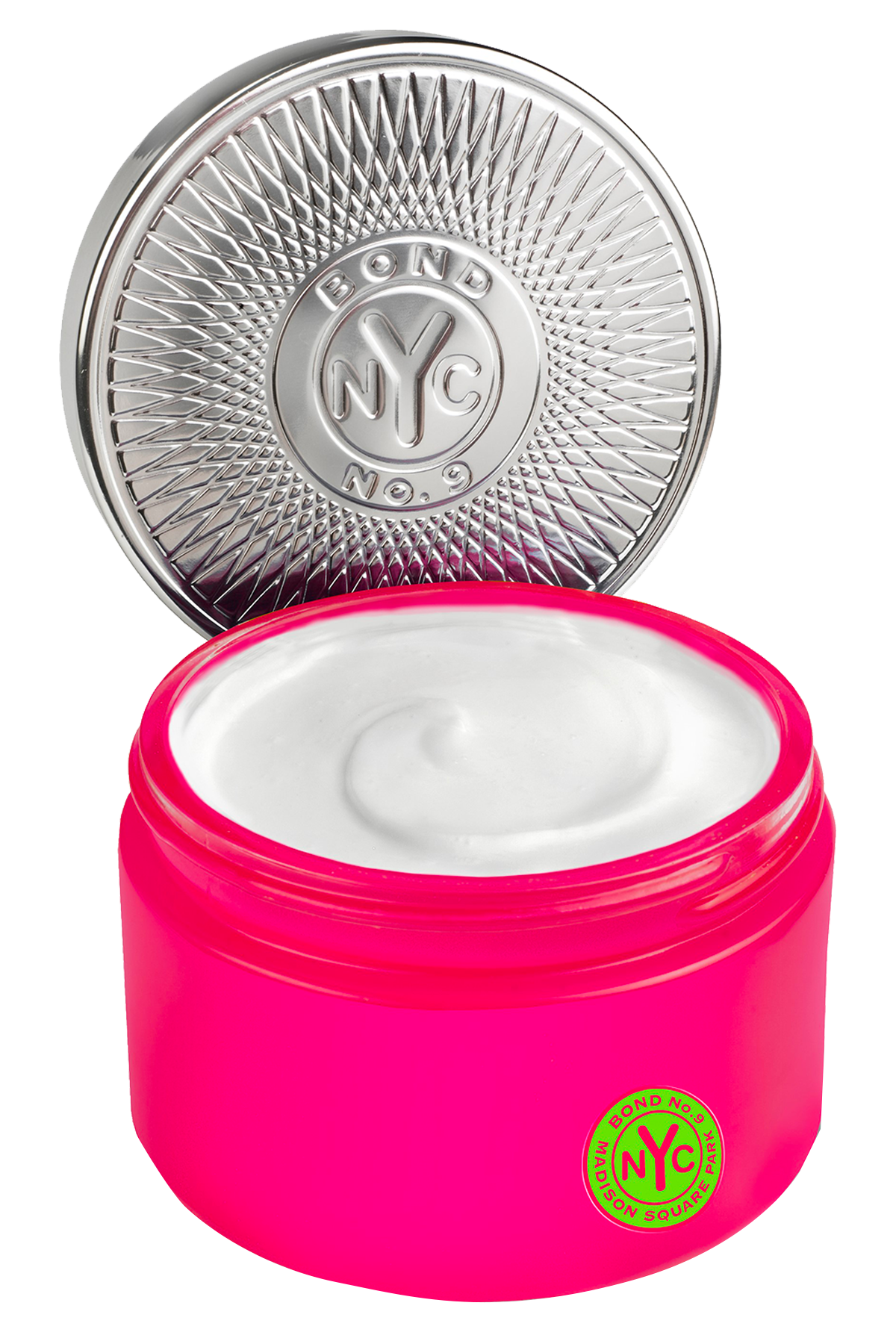 Pink jar of cream with silver lid featuring 'Bond No. 9' logo on a white background