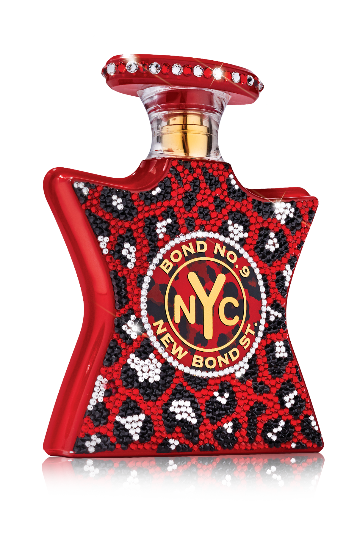 Red and black patterned perfume bottle with 'Bond No. 9 NYC' logo on a white background