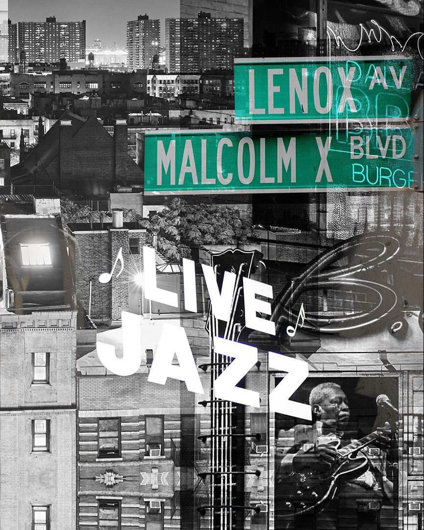 Collage of street signs, buildings, and jazz-themed elements in a cityscape.