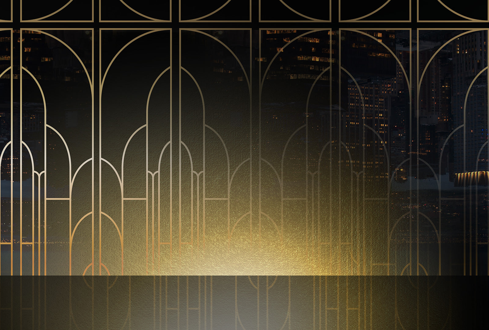 Decorative gold arches on a dark background with city lights.