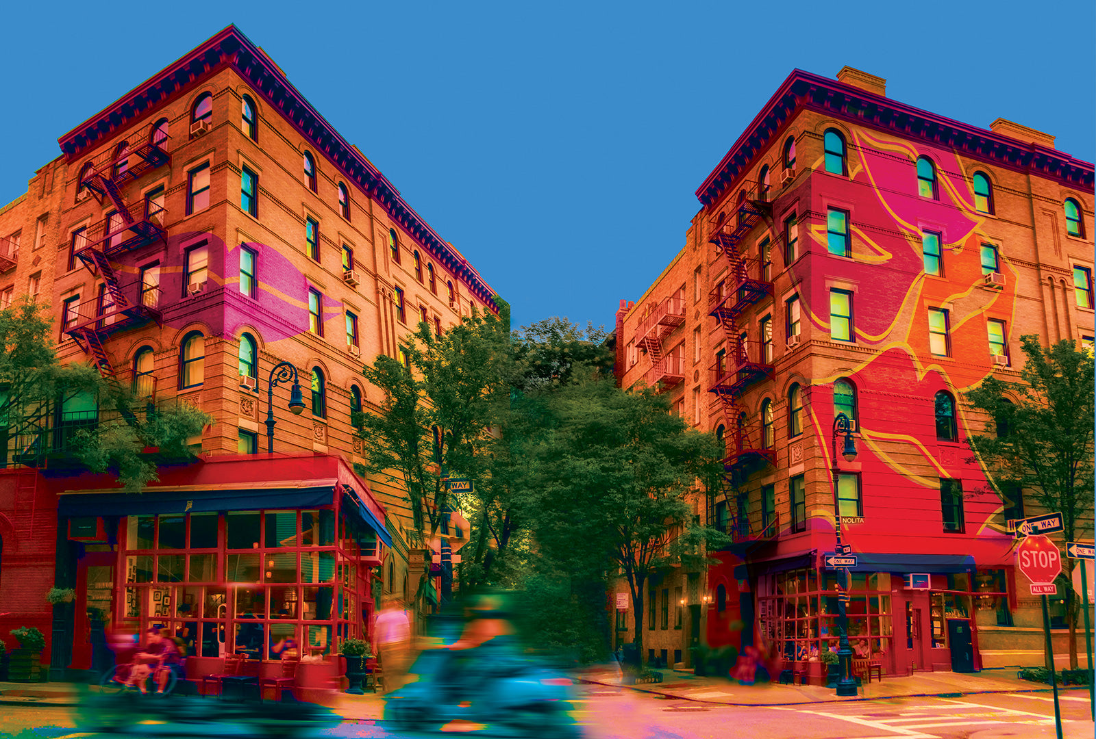 Colorful street scene with buildings and trees in an urban setting