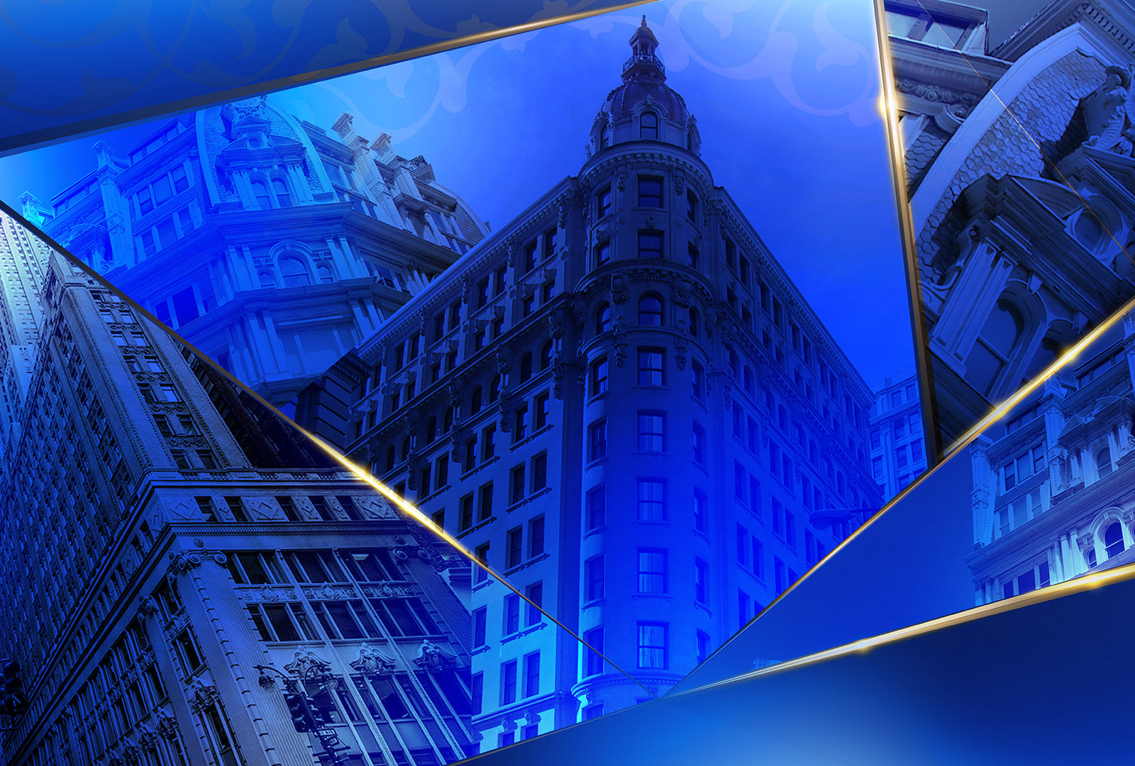 Blue-tinted reflection of a tall building in a mirror
