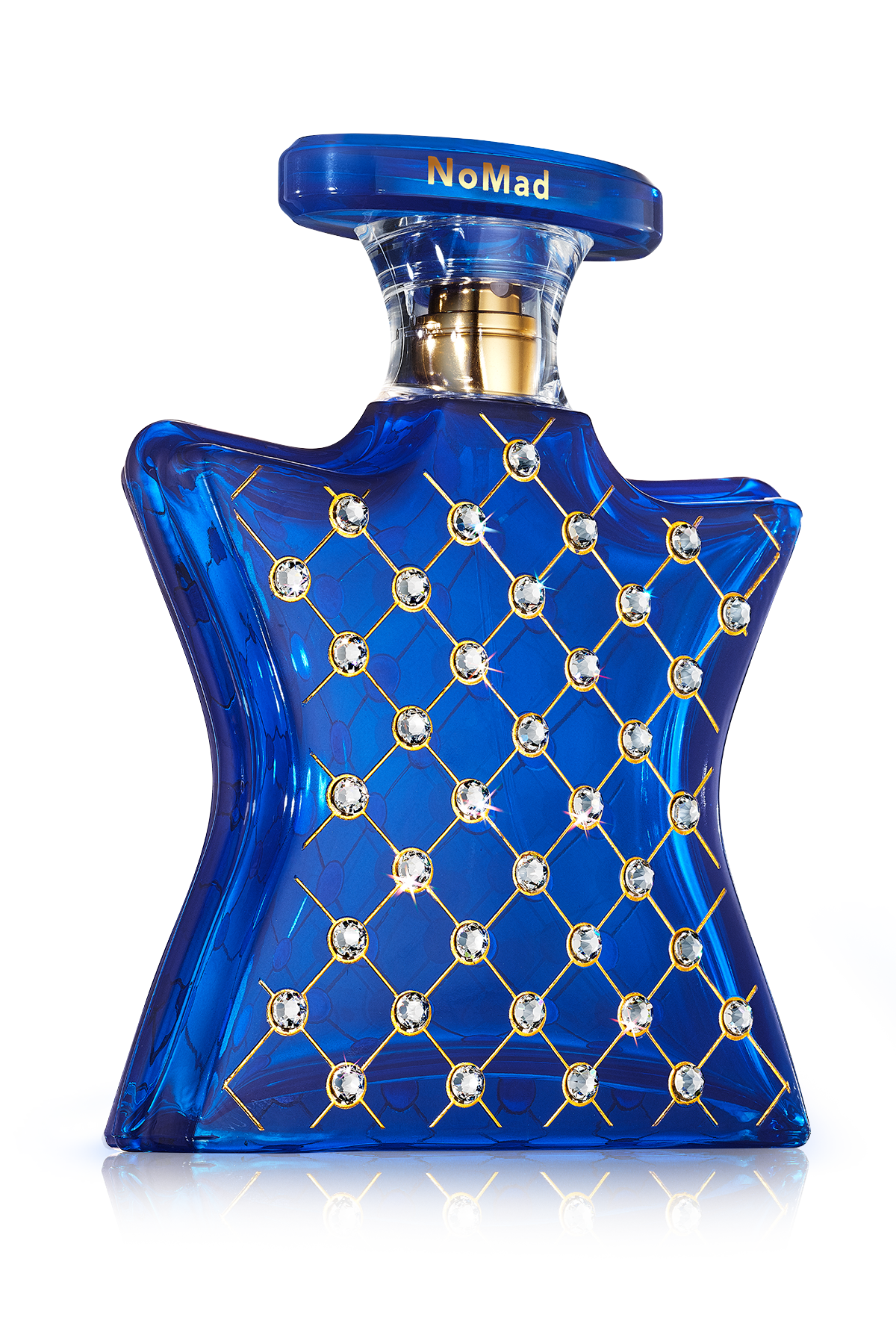 Blue perfume bottle with decorative elements on a clear background