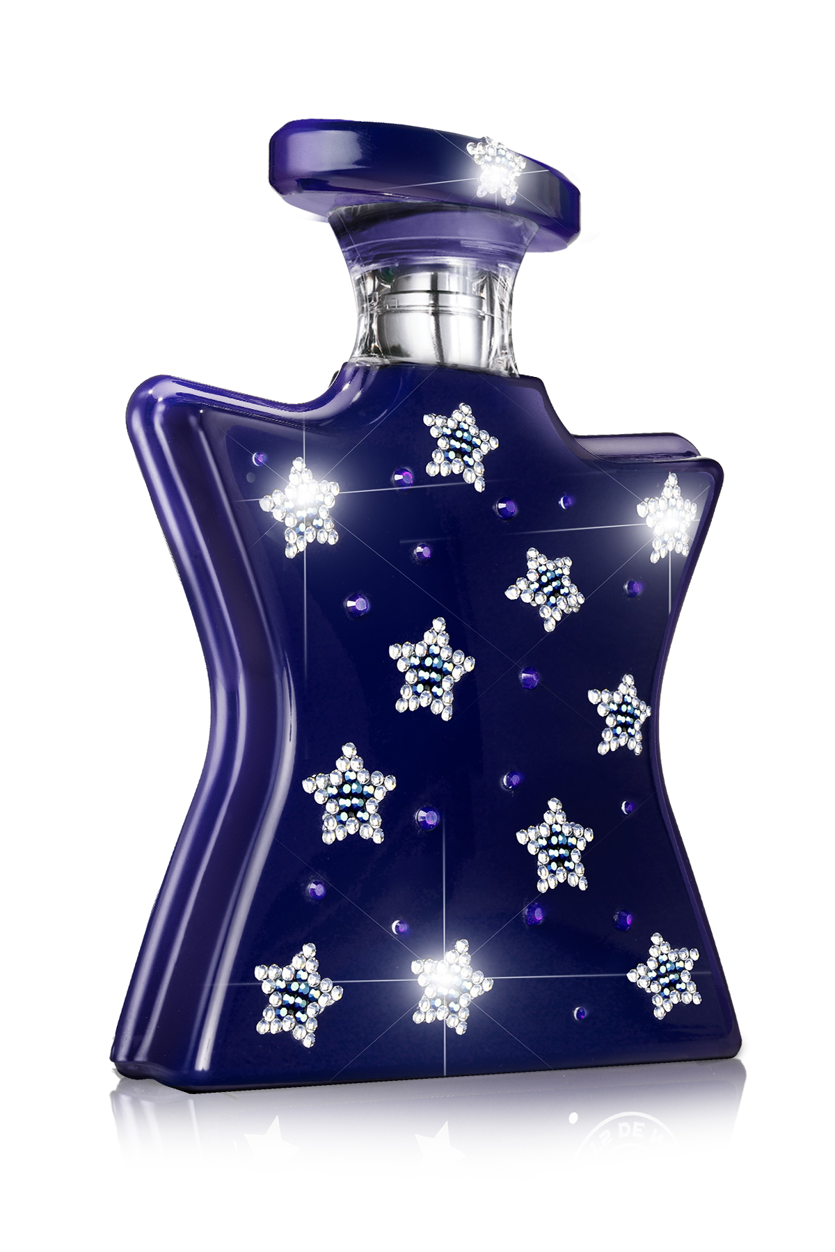Blue perfume bottle with star-shaped decorations on a white background