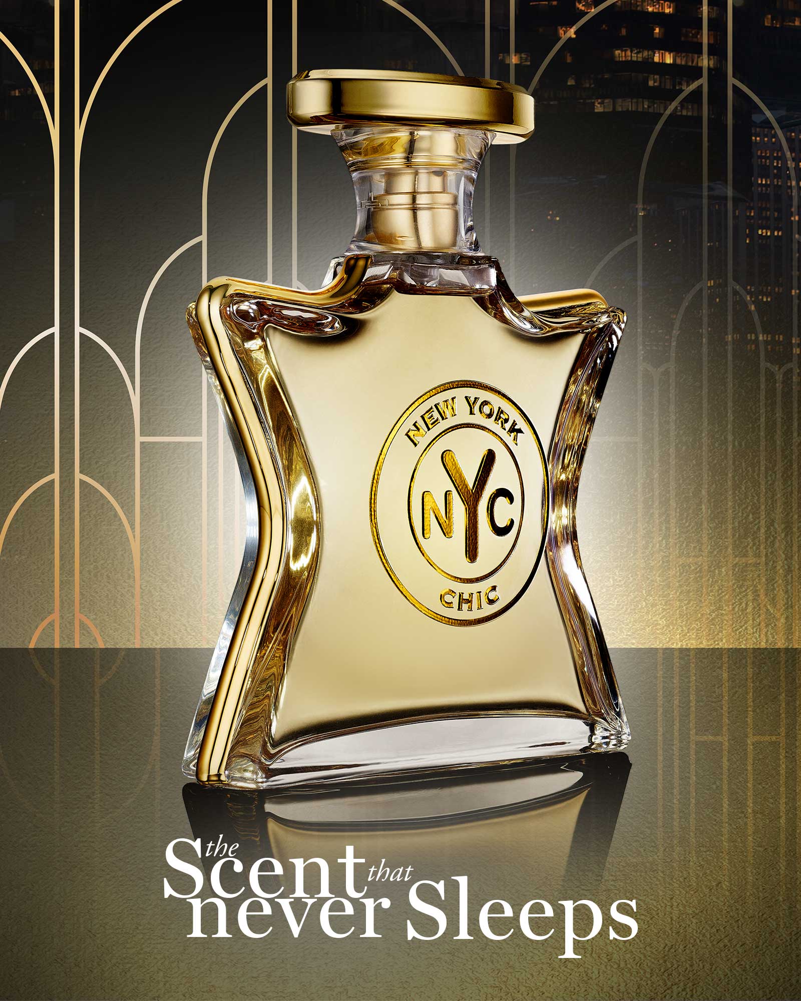Gold perfume bottle with 'New York NYC Chic' logo on a decorative background