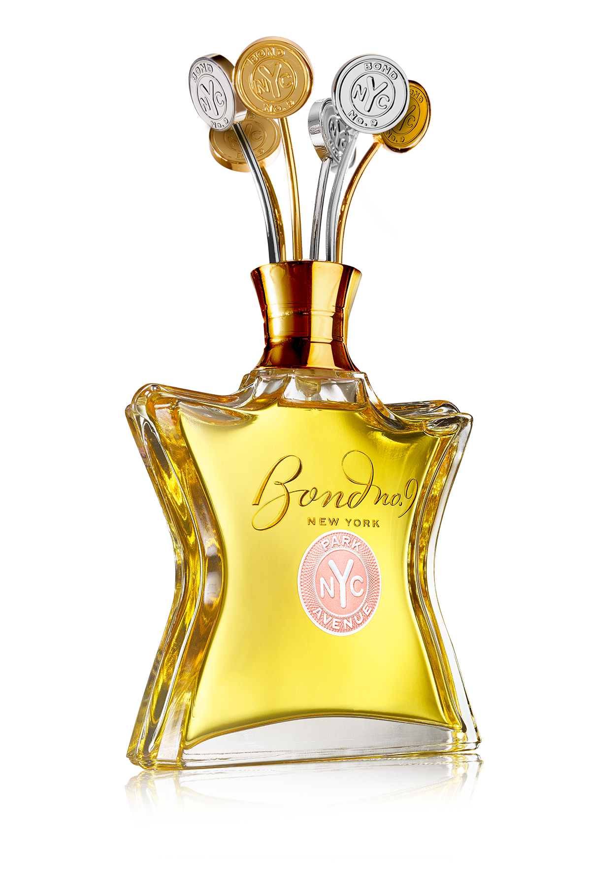 Bond No. 9 perfume bottle with gold cap and clear glass body on a white background