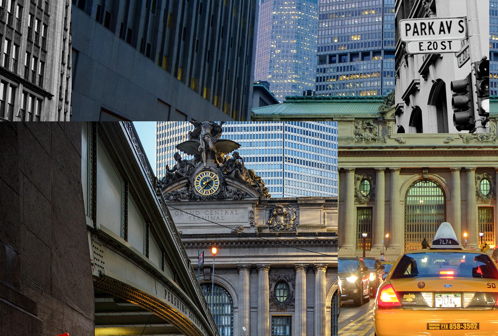Collage of urban scenes including a clock tower, taxi, and street sign.