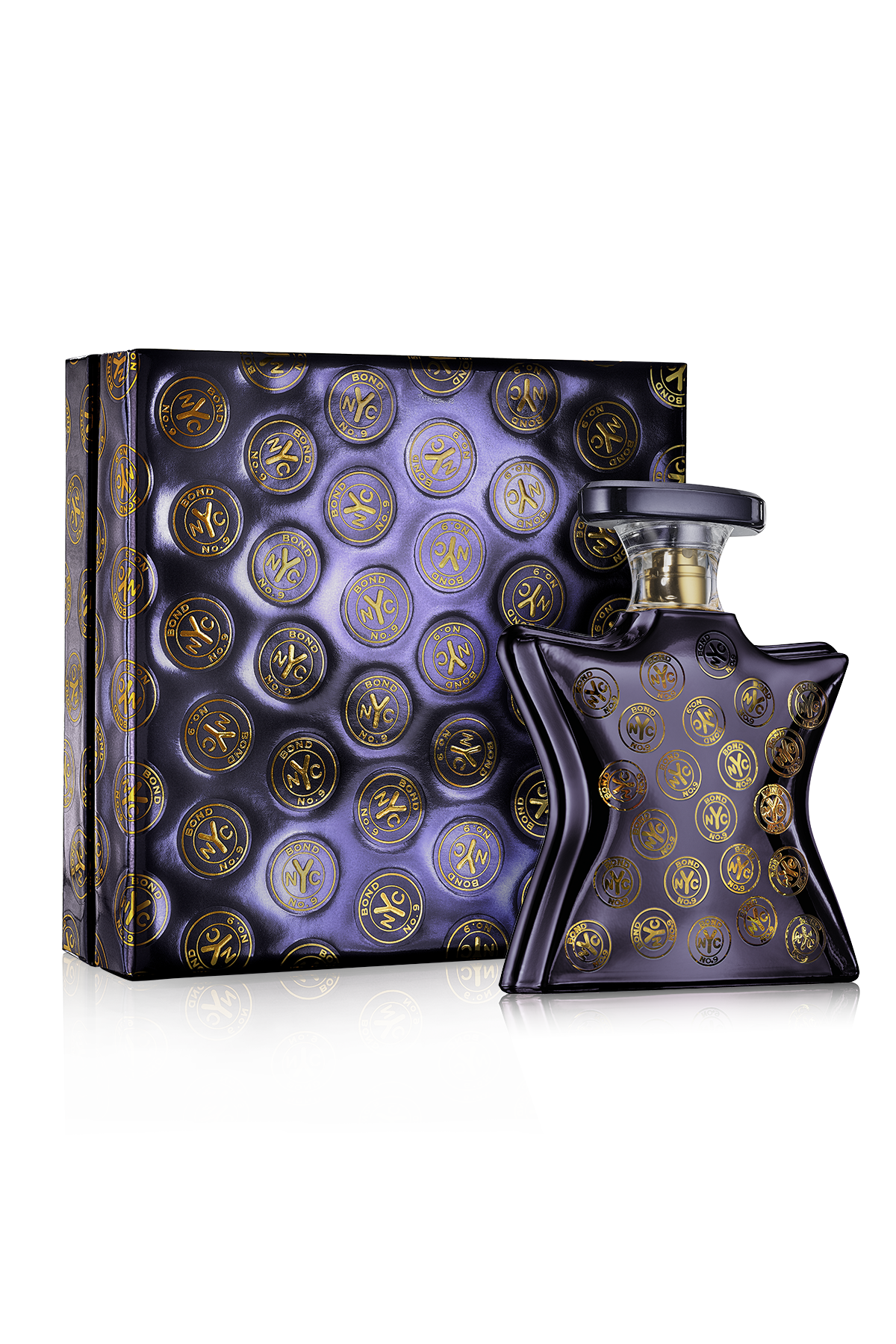 Perfume bottle and packaging with intricate design on a white background