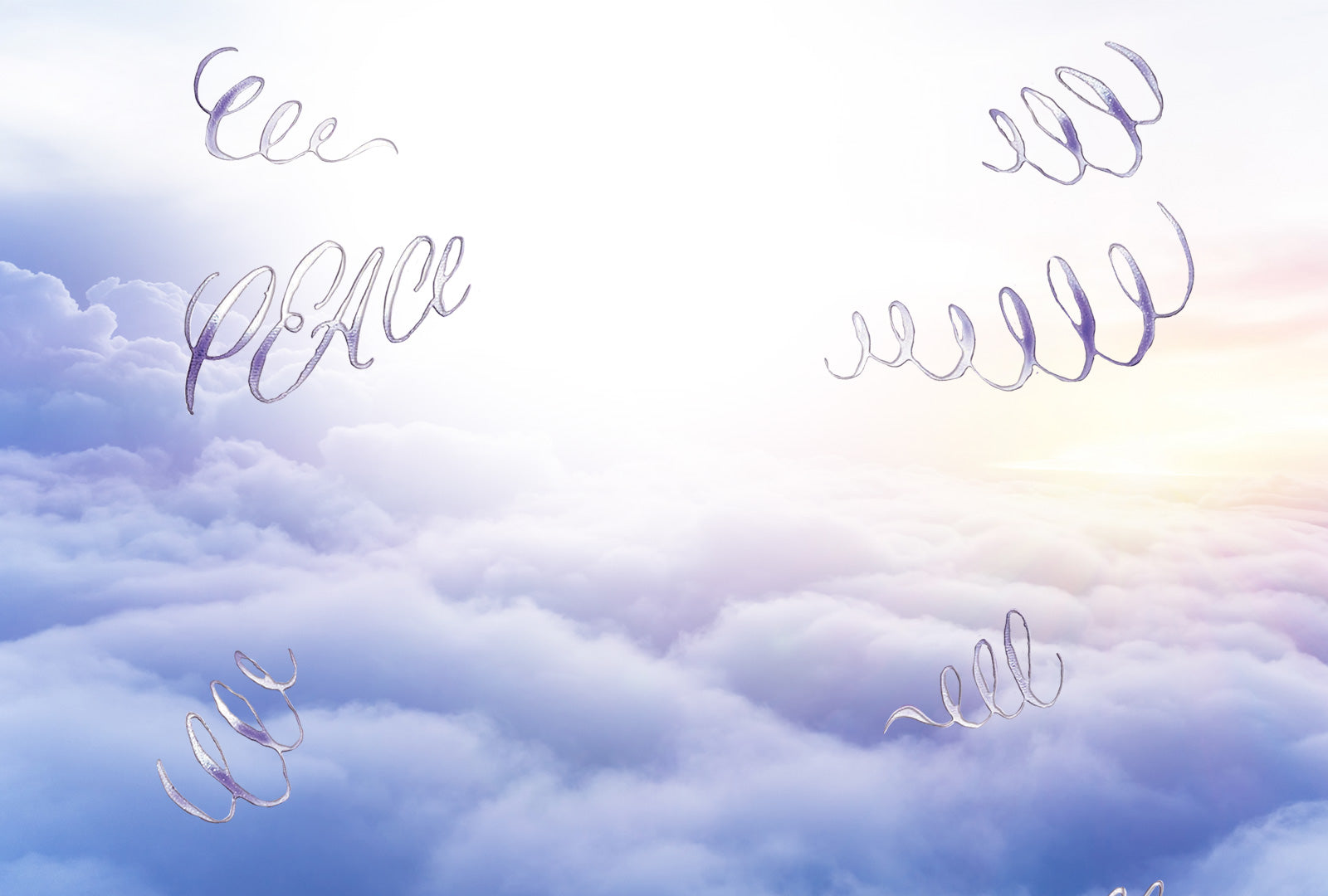 Text 'PEACE' and 'HEAL' overlaid on a soft cloud background with a gradient effect.