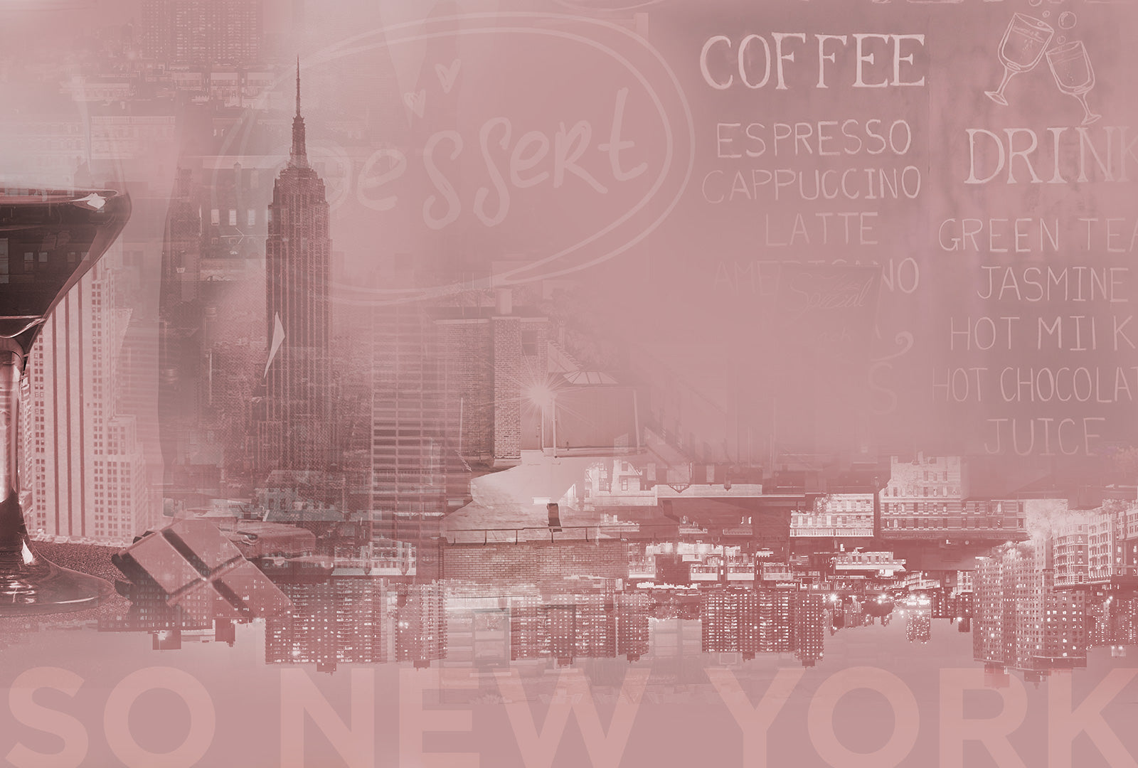 Pink-tinted cityscape with text overlay of coffee and drink options, and 'So New York' branding.
