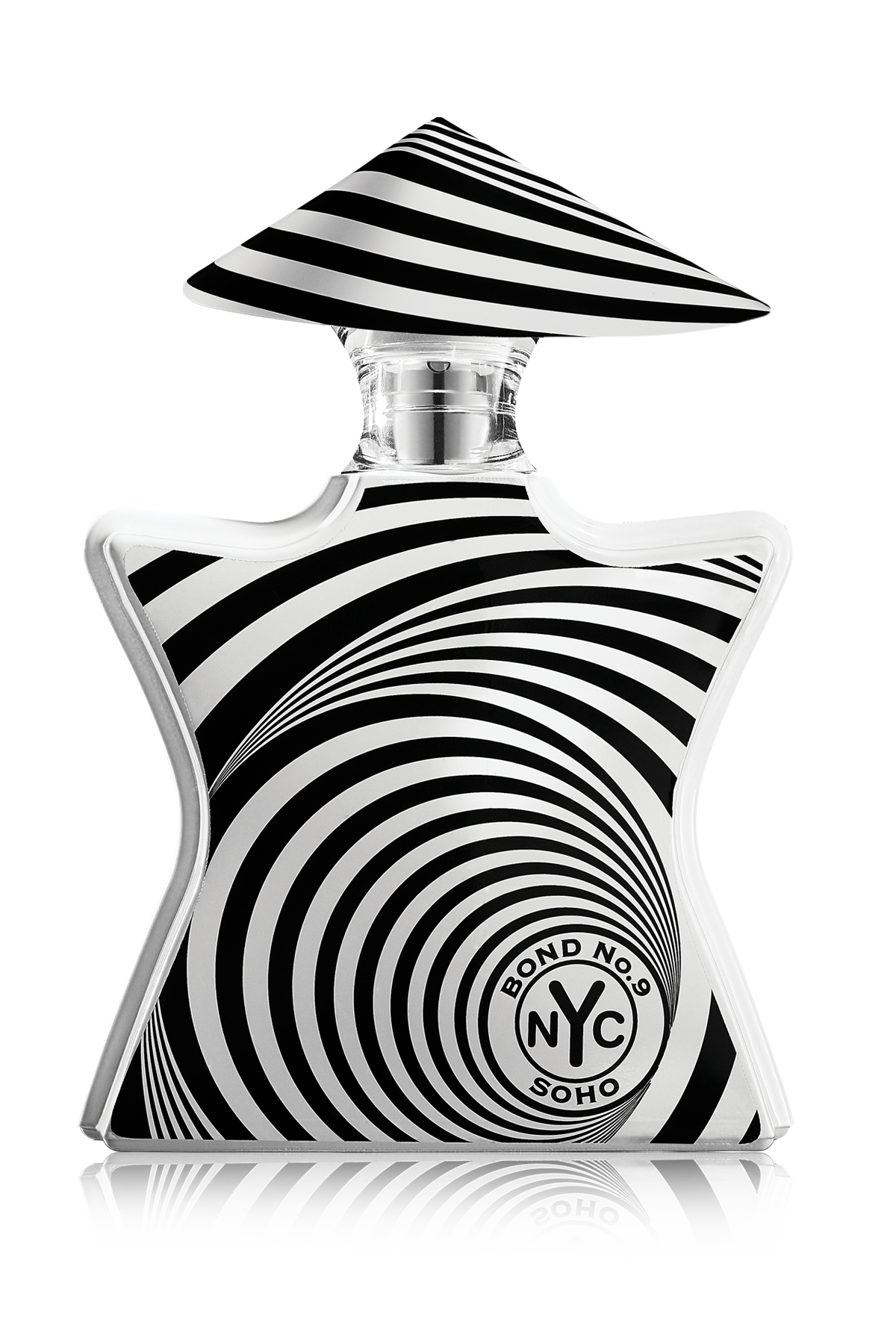 Black and white striped perfume bottle with 'Bond No. 9' branding on a white background