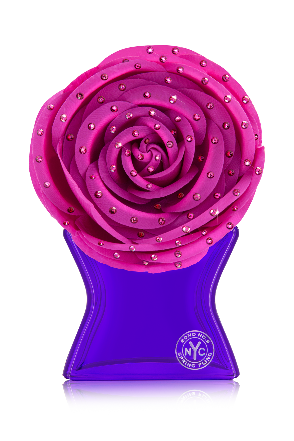 Pink rose-shaped hair dryer with purple base on a white background