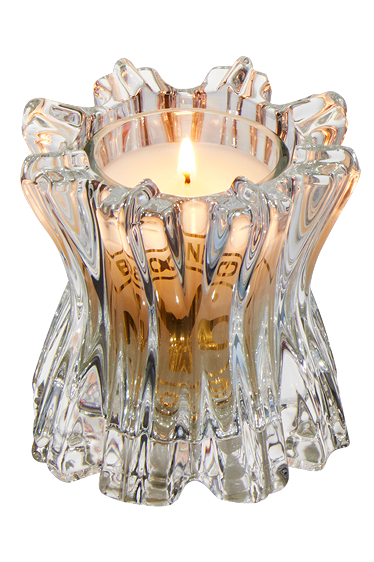 Clear glass candle holder with a lit candle inside on a white background