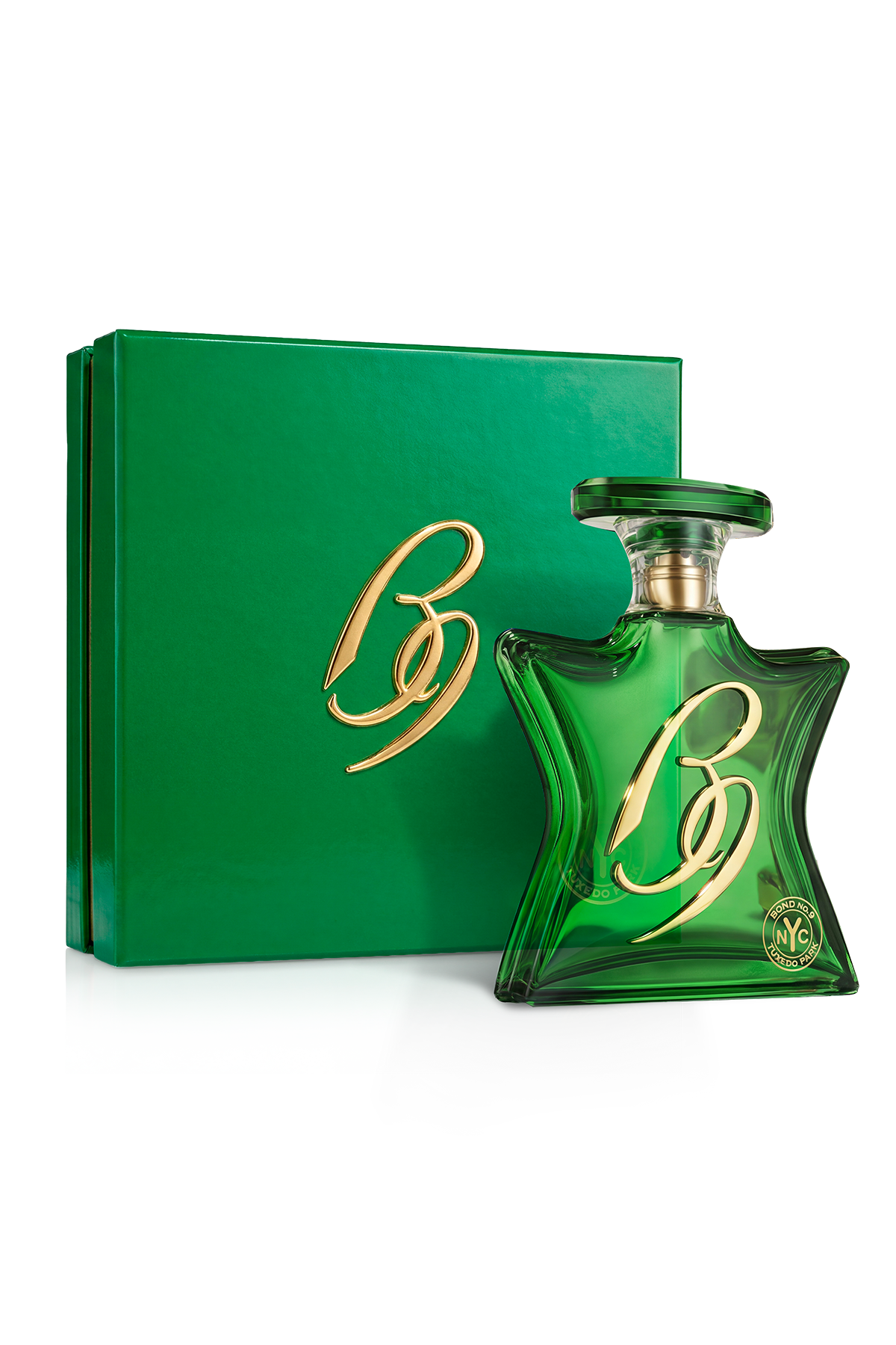 Green perfume bottle with gold logo and matching green box on a white background