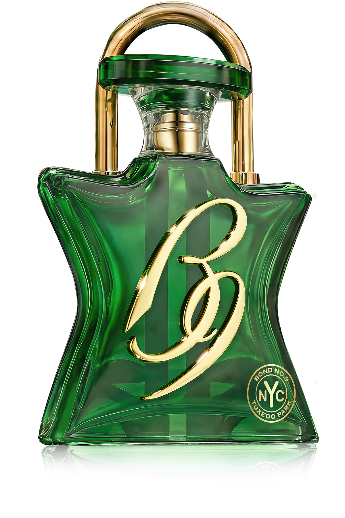 Green perfume bottle with gold accents on a white background