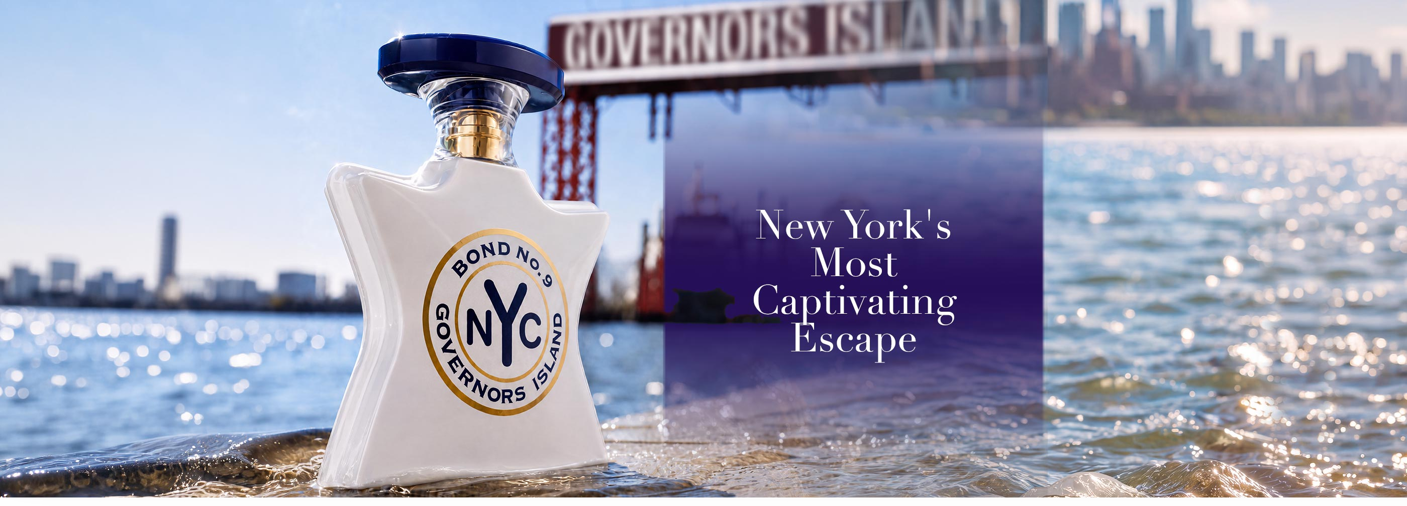 Bond 0.05 Governors Island fragrance bottle in the foreground with a Governors Island bridge and harbor backdrop, plus promotional text reading 'New York's Most Captivating Escape.