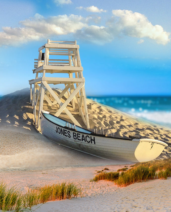 Life guard tower and boat on a beach with 'Jones Beach' branding